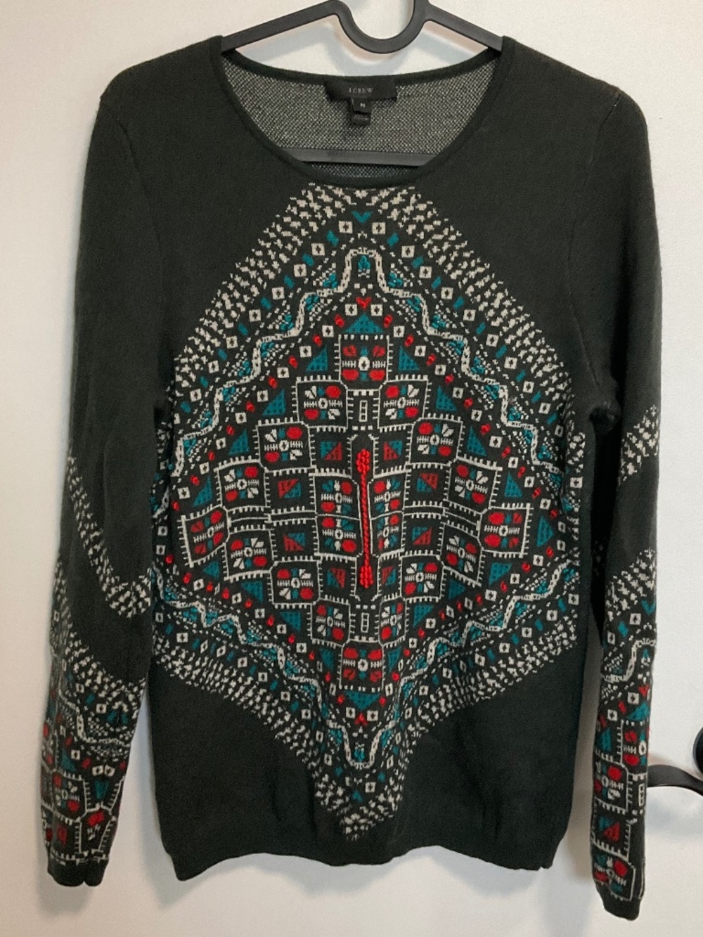 Merino Wool J. Crew fair isle geometric green and red sweater - size medium